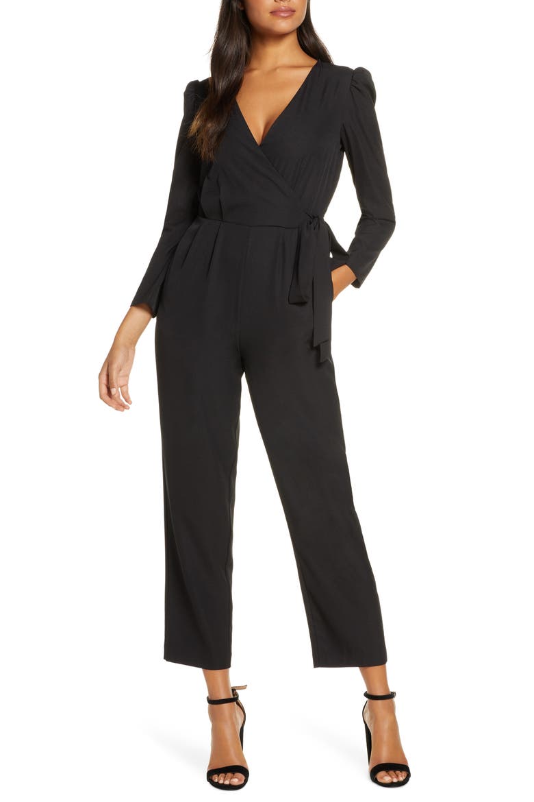 Long Sleeve Wrap Front Jumpsuit, Main, color, BLACK