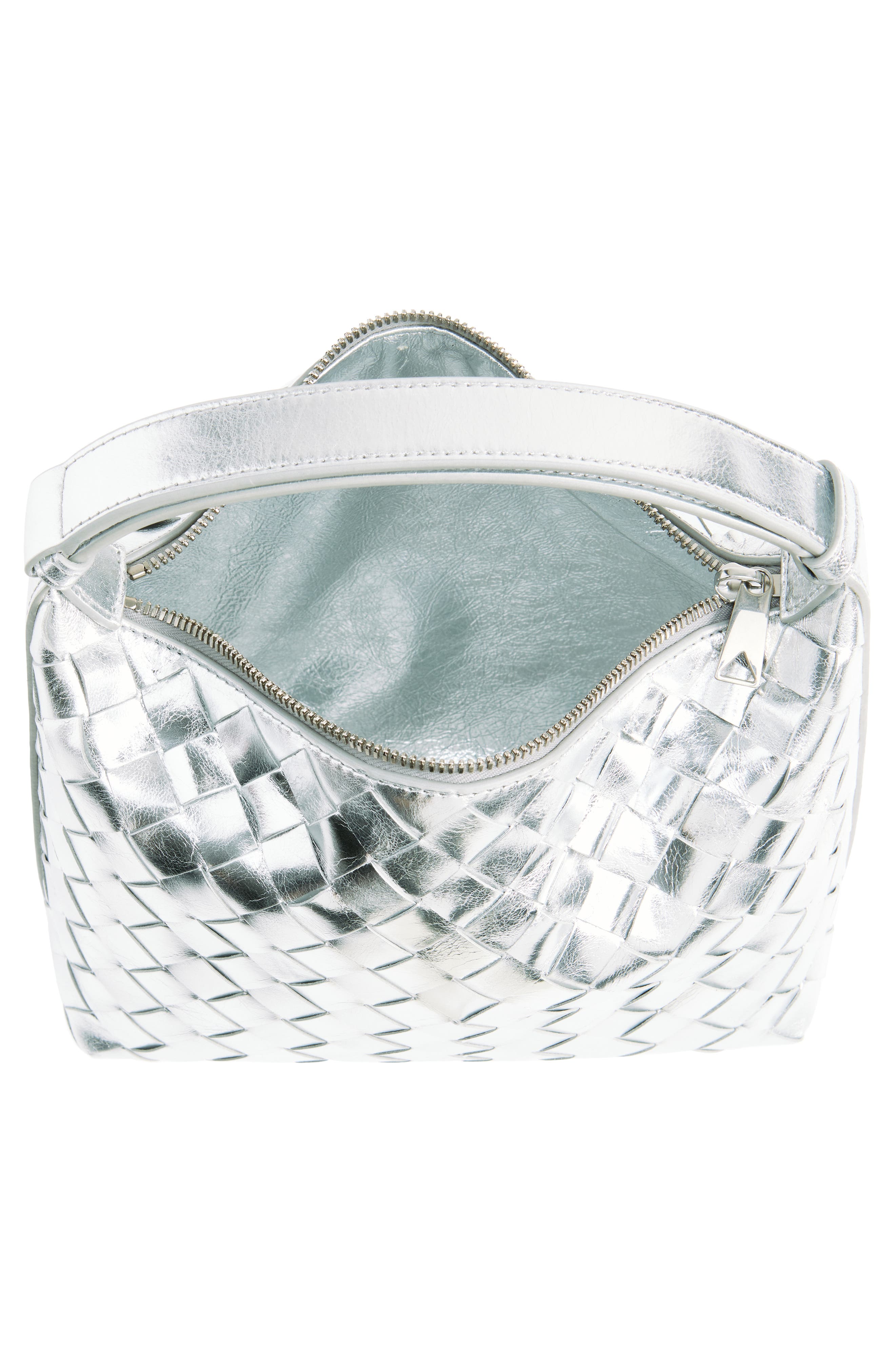Bottega Veneta Mini Wallace Mirror Intrecciato Metallic Leather Shoulder Bag, Alternate, color, 8101 Silver/ Silver