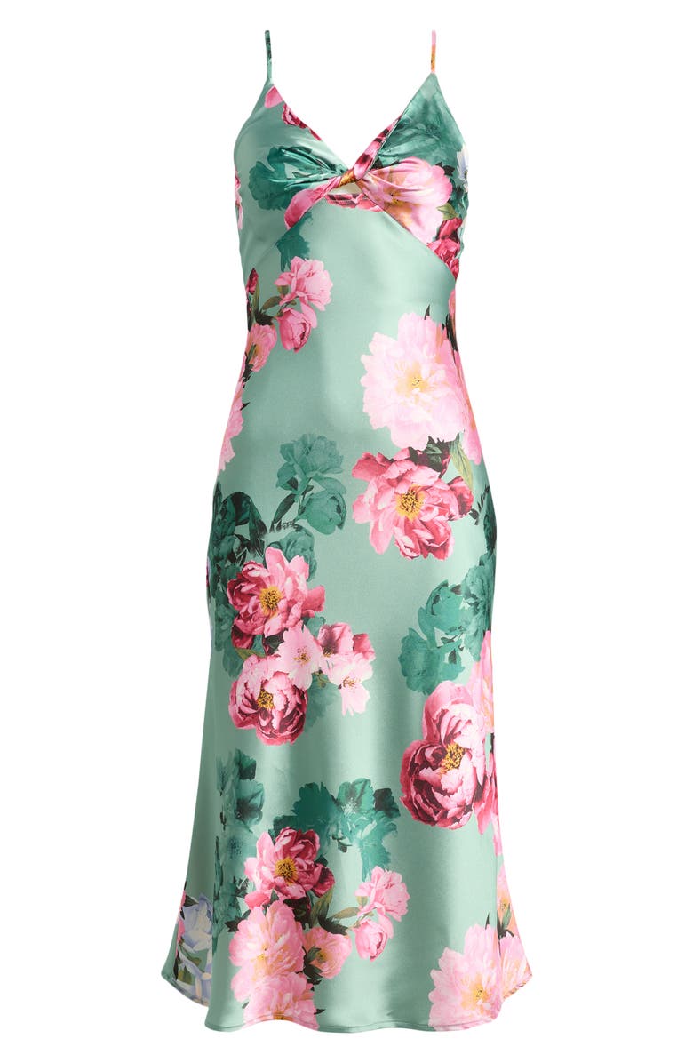 Emerald Sundae Floral Print Twist Front Satin Slipdress, Main, color,