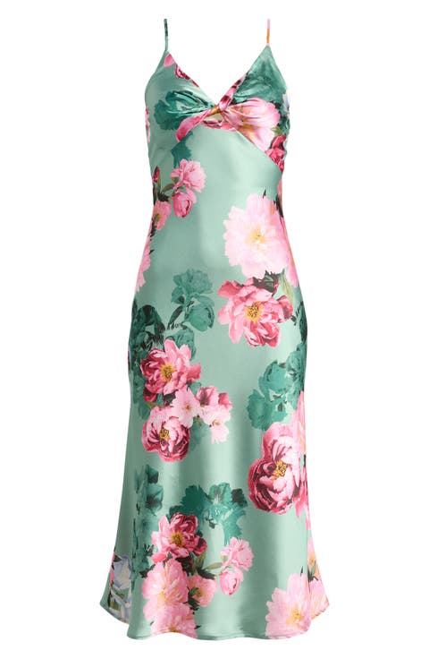 Floral Print Twist Front Satin Slipdress