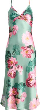 Emerald Sundae Floral Print Twist Front Satin Slipdress