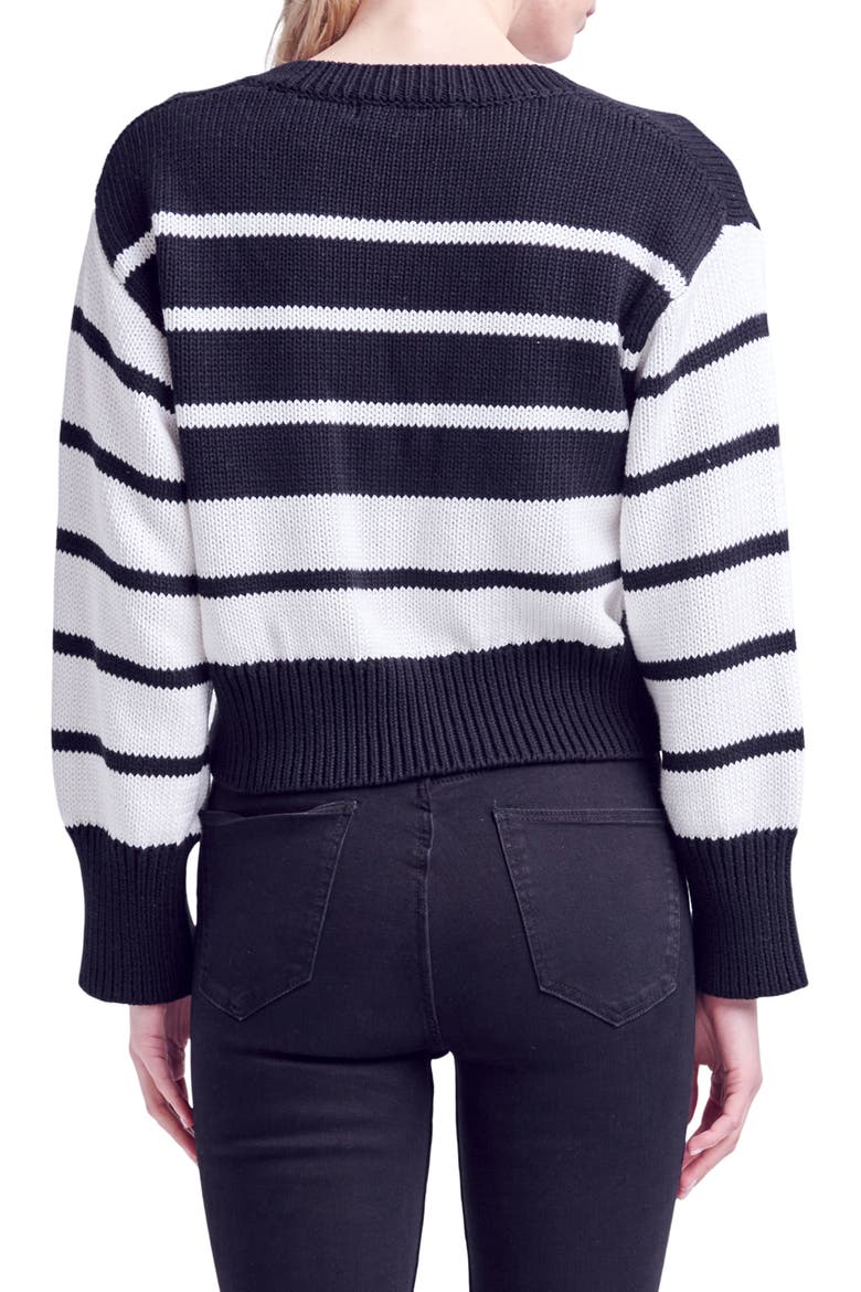 Stripe V-Neck Cotton Crop Sweater, Alternate, color, BLACK/ WHITE