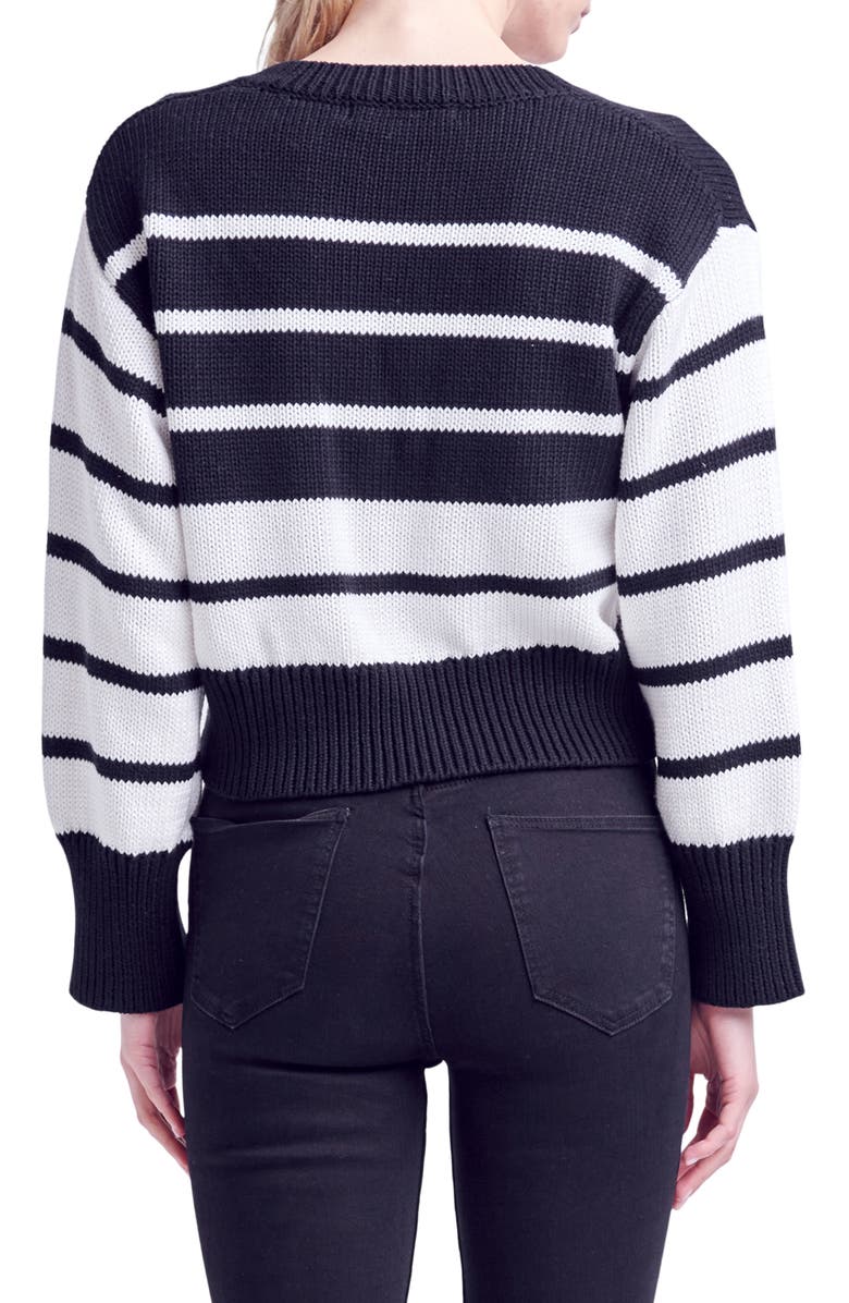 English Factory Stripe V-Neck Cotton Crop Sweater, Alternate, color, Black/ White