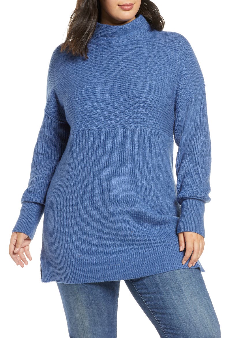 Mix Rib Cotton Blend Tunic Sweater, Main, color, BLUE CHINA