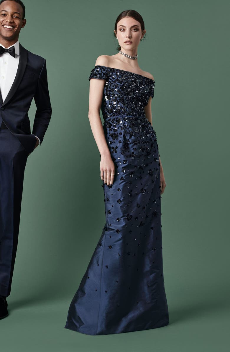 Adrianna Papell Embellished Off the Shoulder Taffeta Gown, Alternate, color, 