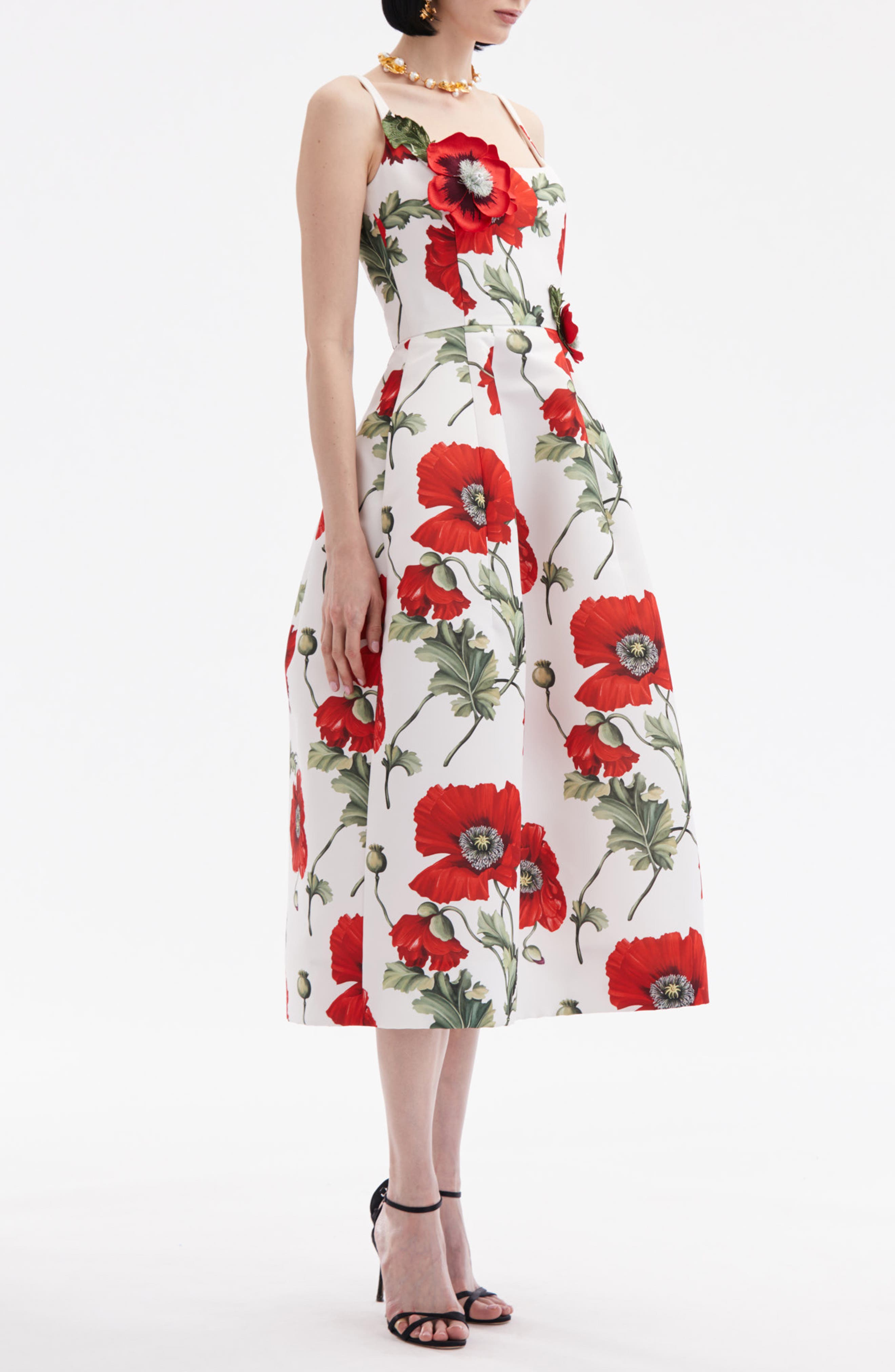 Oscar de la Renta Poppies Floral Appliqué Midi Dress (Women) | Nordstrom