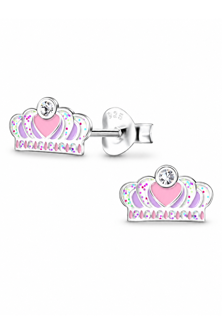 Sterling Silver Stud Earrings Sparkling Pink Crown, Main, color, Metallic Silver