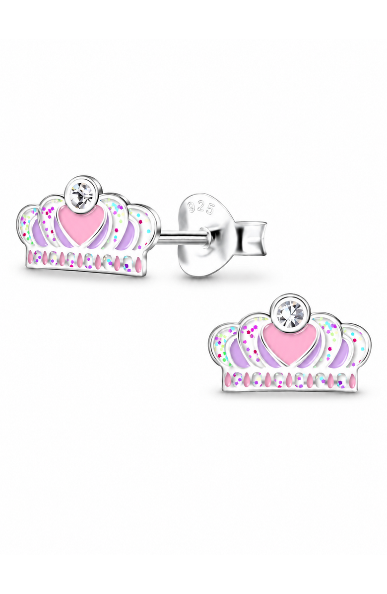 Mia Belle Girls Sterling Silver Stud Earrings Sparkling Pink Crown, Main, color, Metallic Silver