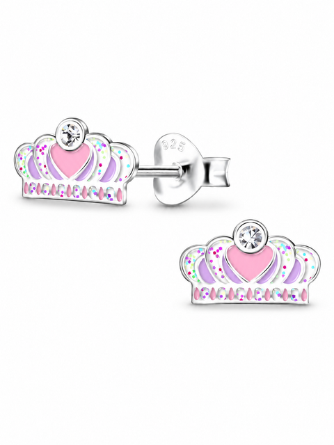 Sterling Silver Stud Earrings Sparkling Pink Crown (Toddler, Little Kid & Big Kid)