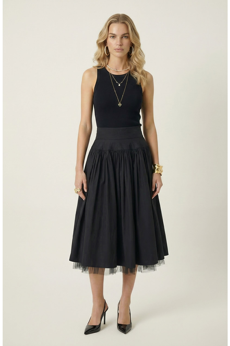 High Waist Midi Skirt with Tulle Hem, Alternate, color, Black