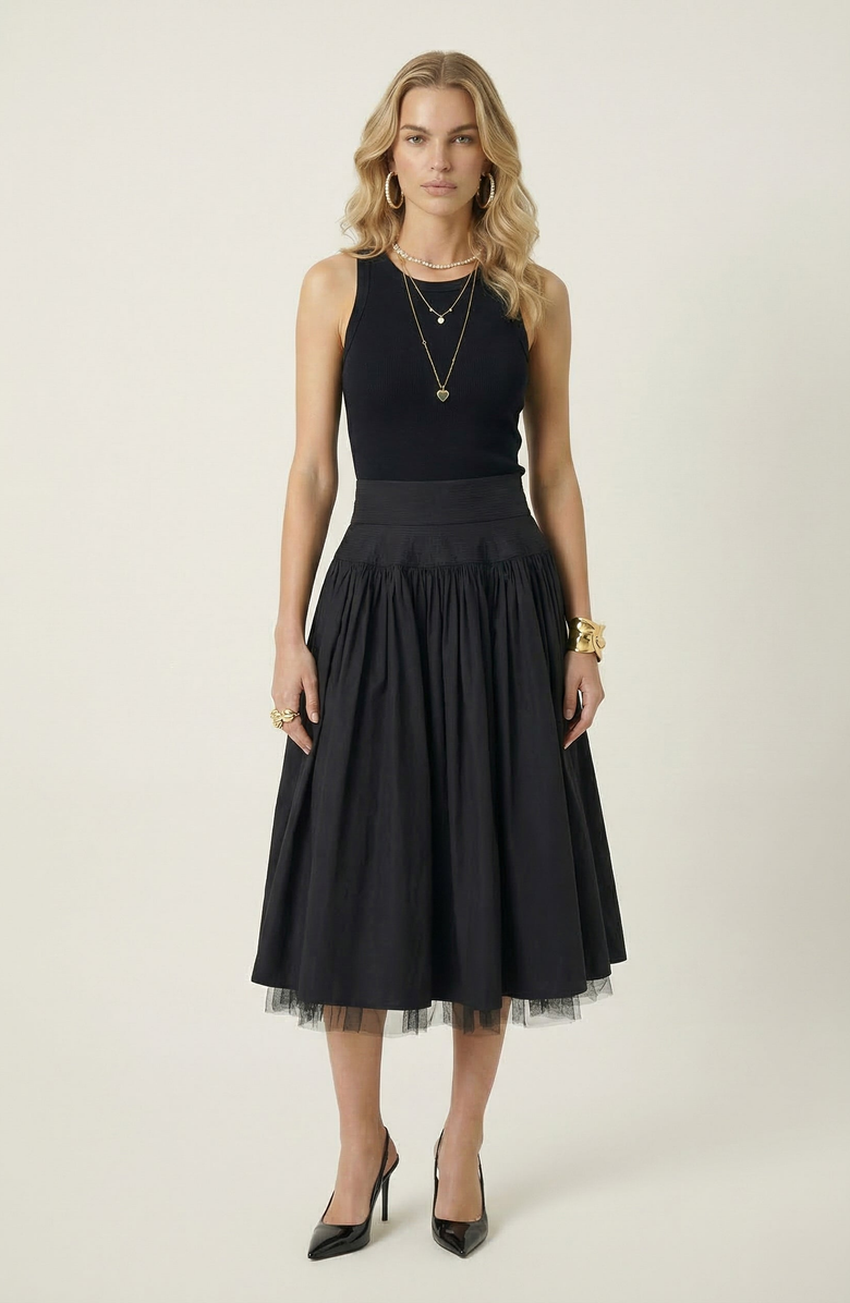 Modenaire High Waist Midi Skirt with Tulle Hem, Alternate, color, Black