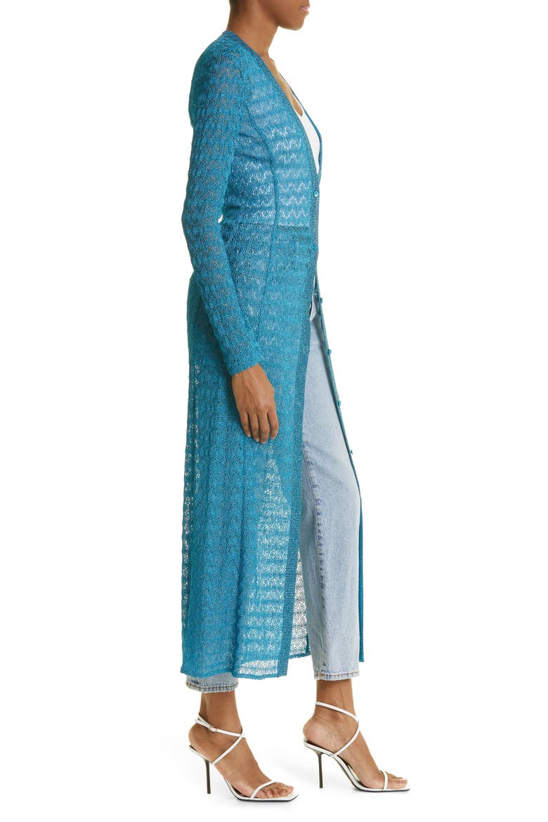 Raschel Lamé Lace Longline Cardigan, Alternate, color, TURQUOISE LAM LIGHT BLUE