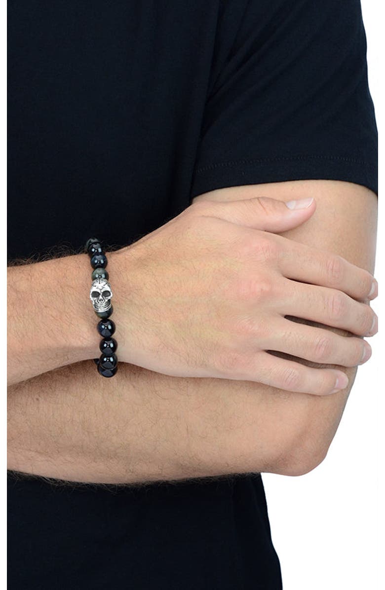 King Baby Studio 10mm Blue Tiger Eye Bracelet with Day of the Dead Skull, Alternate, color, Silver