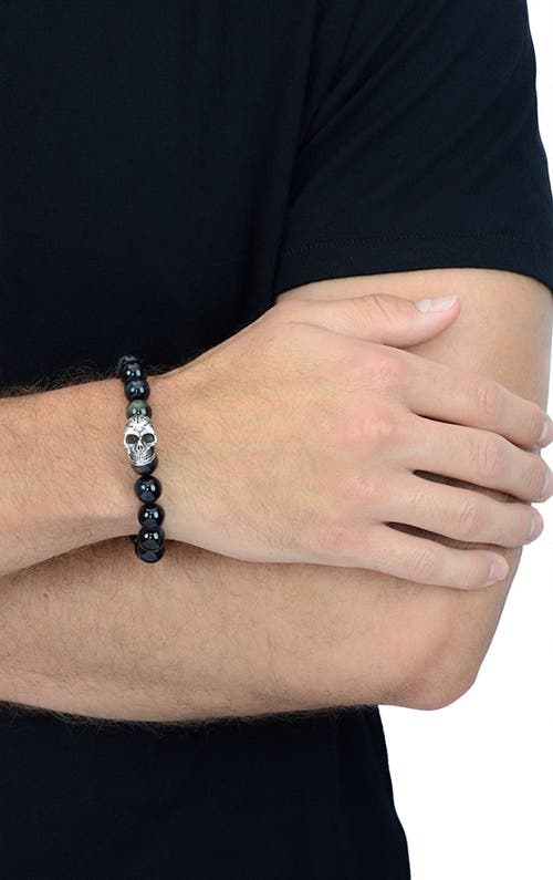 KING BABY STUDIO KING BABY STUDIO 10MM BLUE TIGER EYE BRACELET WITH DAY OF THE DEAD SKULL