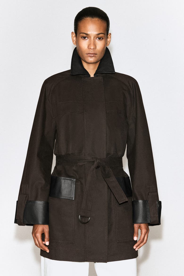 Leather-Trimmed Cotton Field Coat, Alternate, color, BROWN
