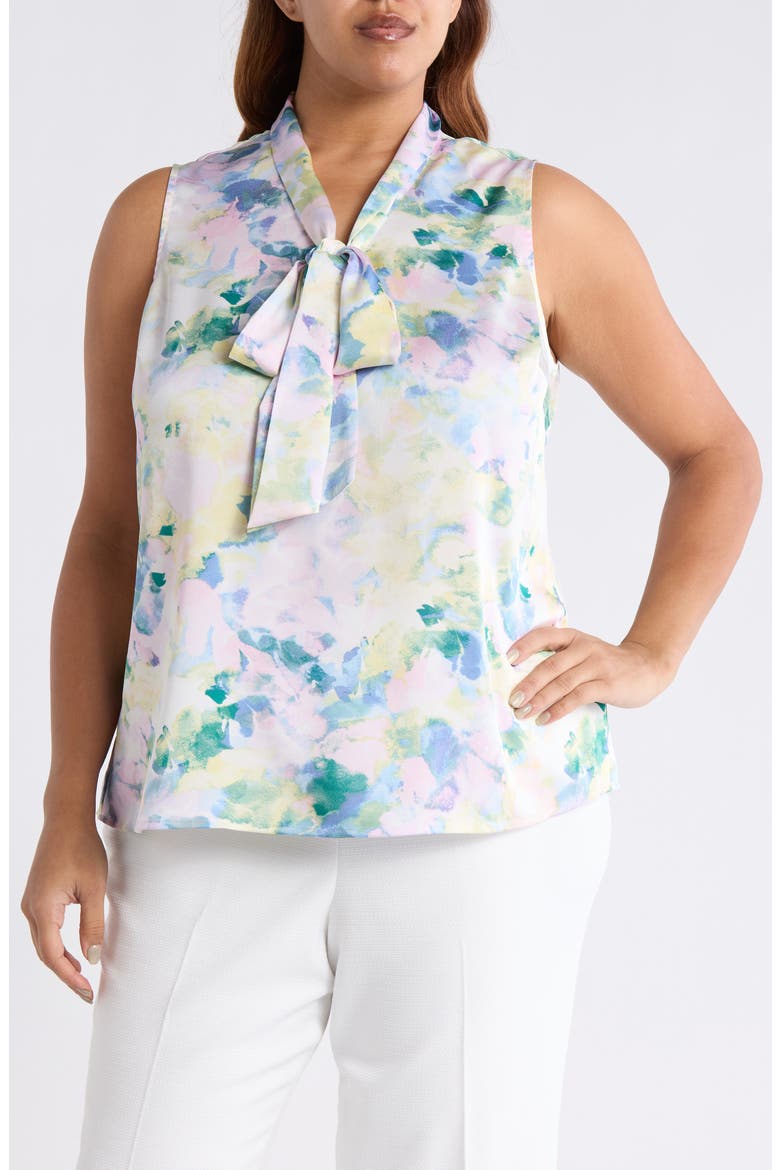 Abstract Floral Tie Neck Sleeveless Satin Top, Main, color, BLUSH BUTTERCUP
