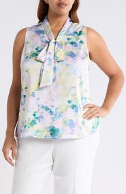 Tahari ASL Abstract Floral Tie Neck Sleeveless Satin Top