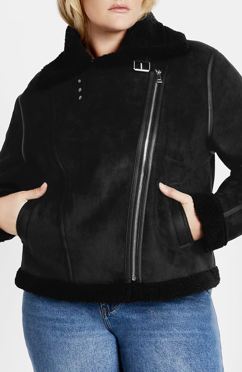 City Chic Madilyn Faux Shearling Moto Jacket, Main, color, Black