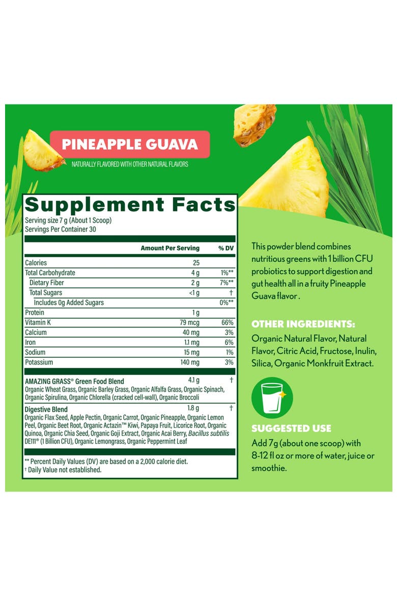 Super Greens Digest Powder Pineapple Guava 30 Servings, Alternate, color, None