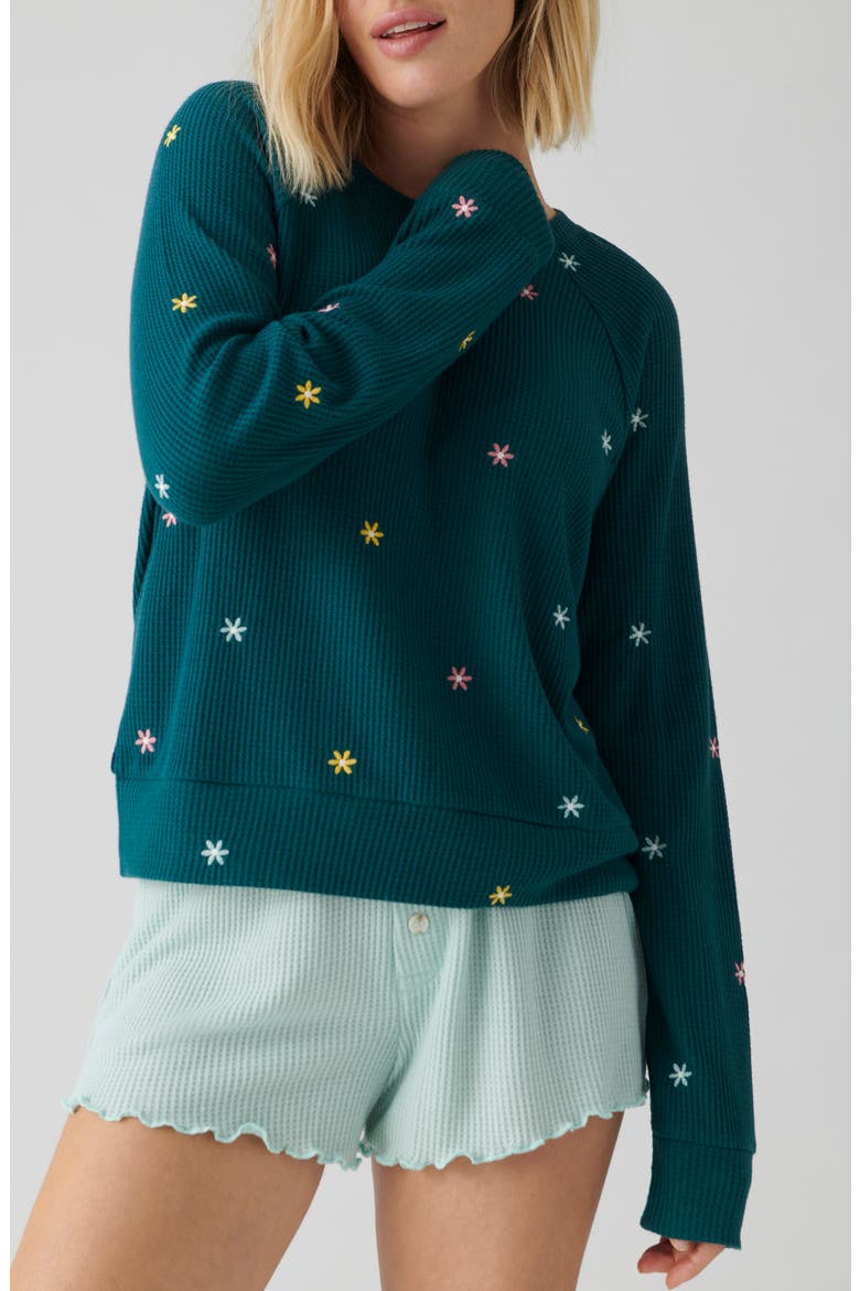 Take it Easy Embroidered Waffle Knit Pajama Top, Main, color, TEAL