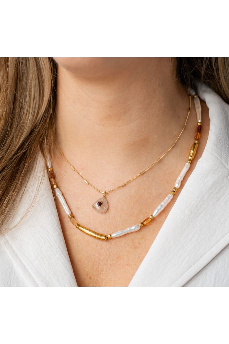 Biwa Pearl and Garnet Necklace, Alternate, color, Gold