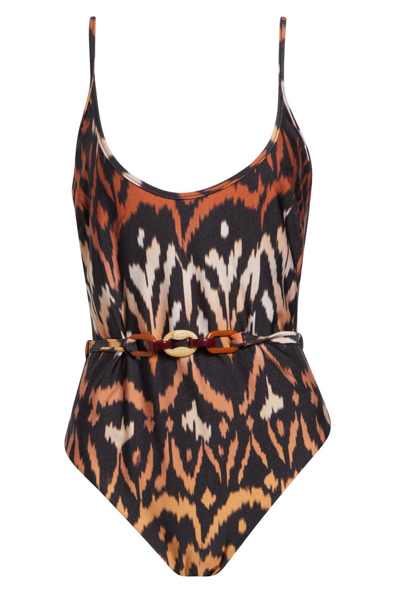 Aster Belted One-Piece Swimsuit, Alternate, color, CHARCOAL IKAT