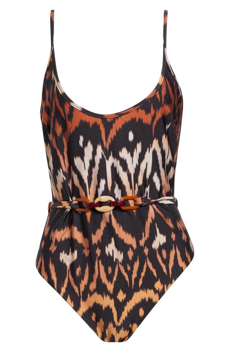 Zimmermann Aster Belted One-Piece Swimsuit, Main, color, Charcoal Ikat