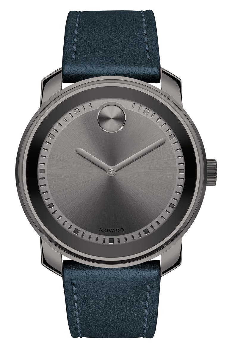 Bold Leather Strap Watch, 42.5mm, Main, color, BLUE/ GUNMETAL