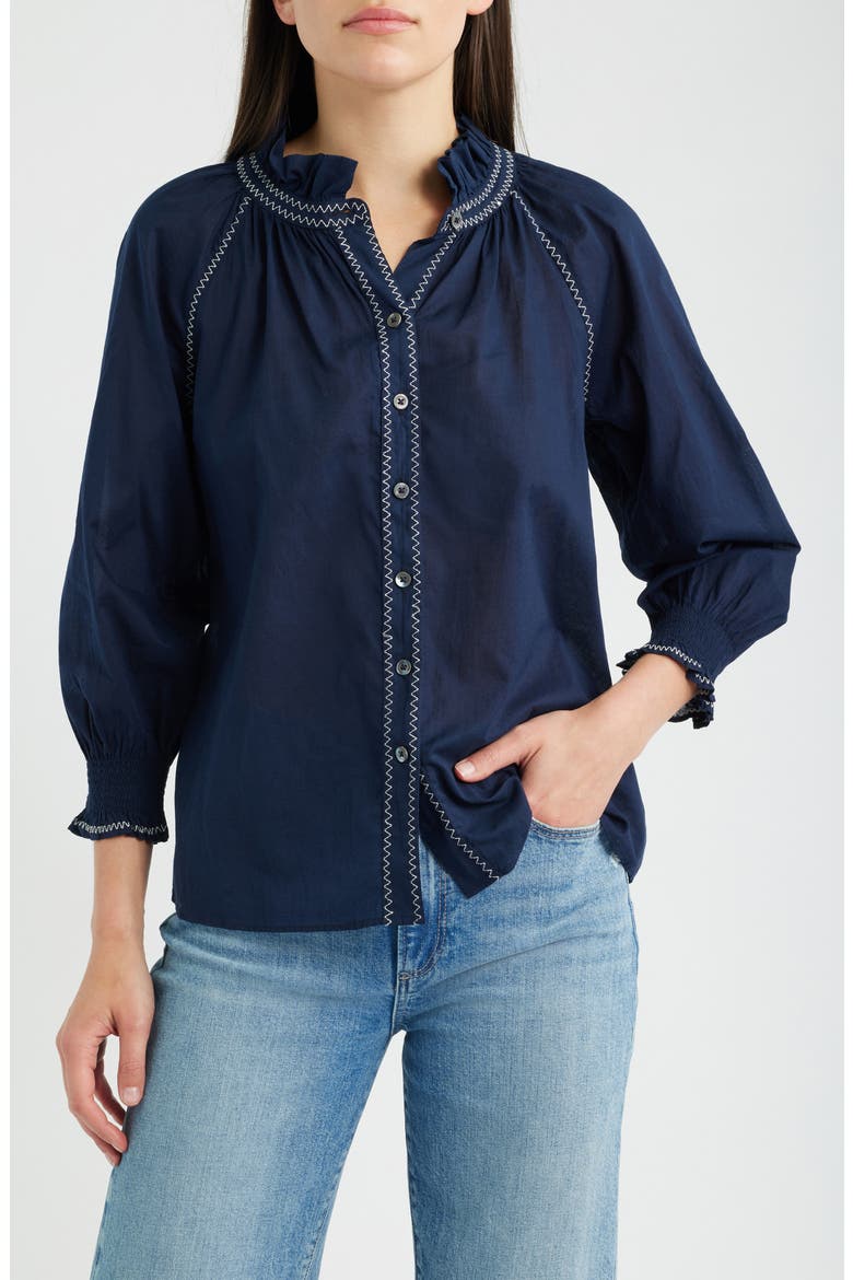 Zigzag Stitch Crinkle Cotton Button-Up Shirt, Main, color, DARK INDIGO