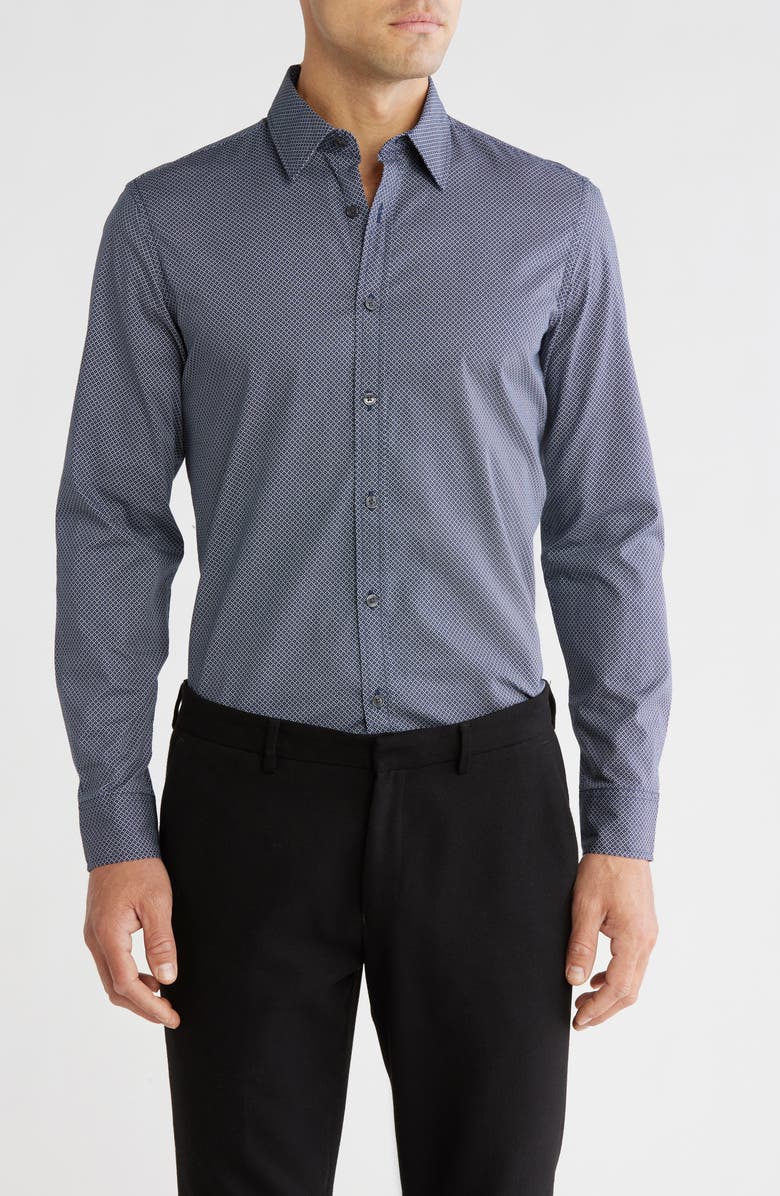 Michael Kors Slim Fit Tiled Geometric Print Stretch Cotton Button-Up Shirt, Main, color, Midnight