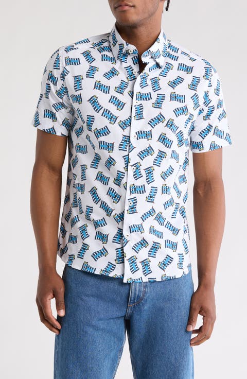 Chillin' Lobster Print Short Sleeve Stretch Cotton Button-Up Shirt