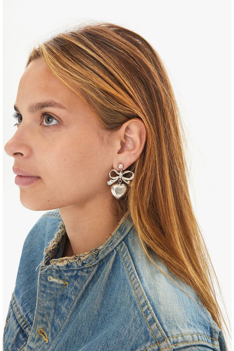 Bow & Heart Drop Earrings, Alternate, color, SILVER