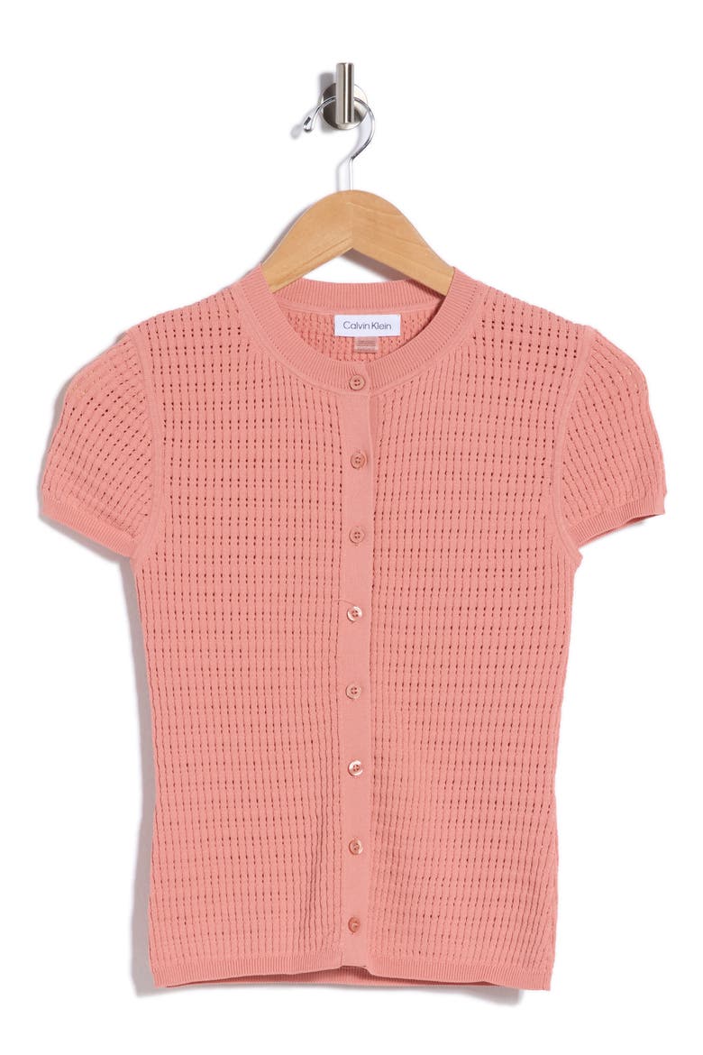 Pointelle Short Sleeve Button Front Cardigan, Alternate, color, DESERT ROSE