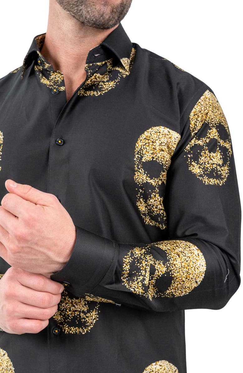 Maceoo Fibonacci Goldenskull Black Contemporary Fit Button-Up Shirt, Alternate, color, Black