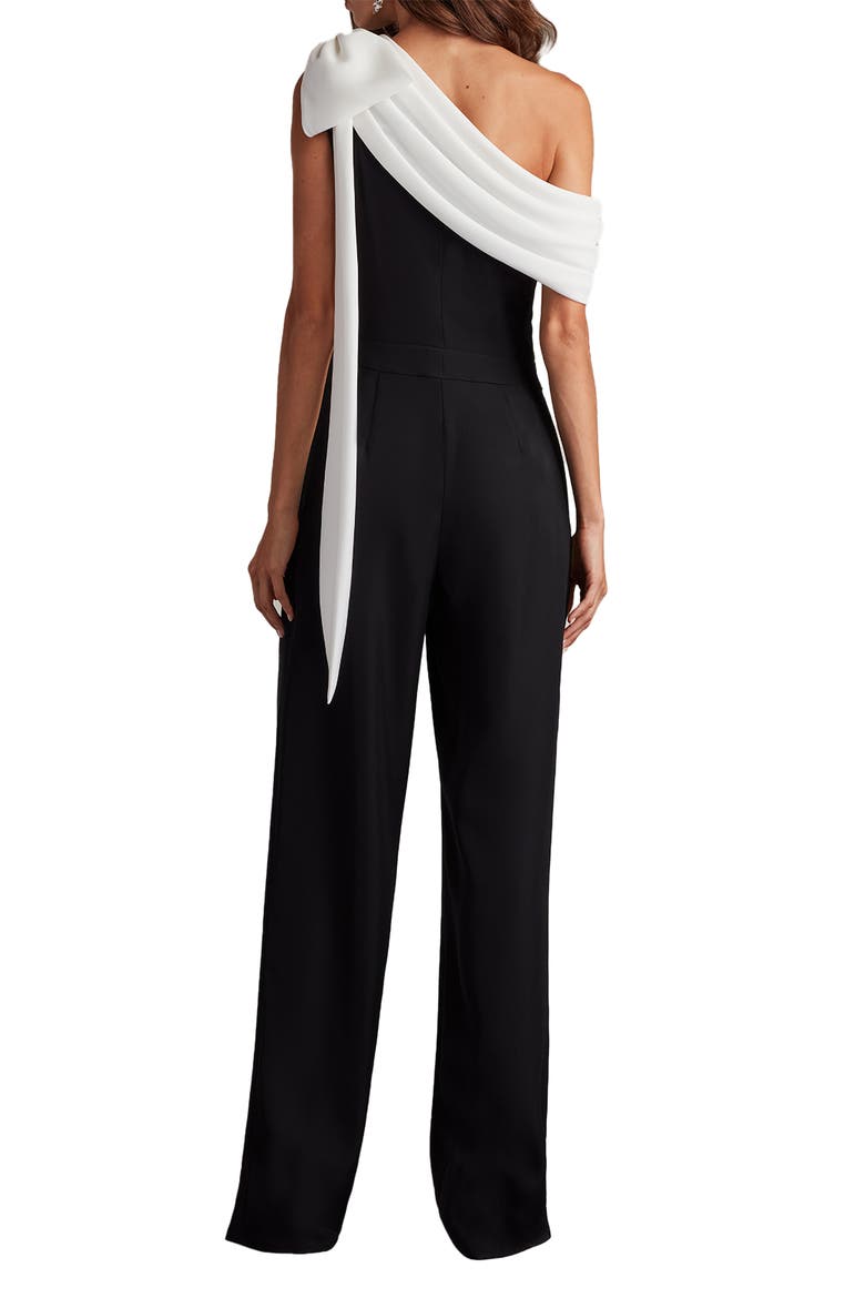 Bow One-Shoulder Crepe Jumpsuit, Alternate, color, BLACK/ WHITE