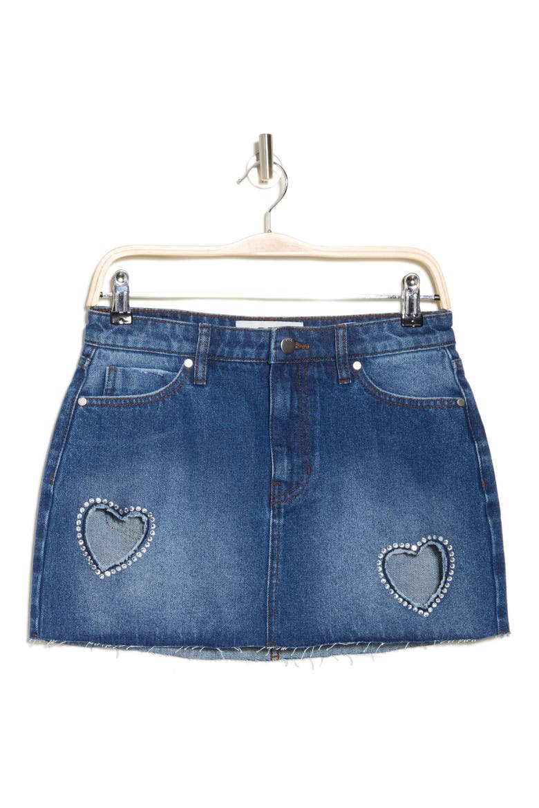 Heart Cutout Rhinestone Denim Miniskirt, Alternate, color, MEDIUM BLUE WASH