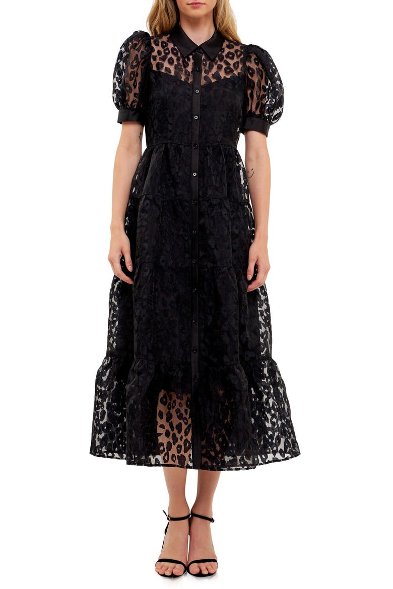Leopard Burnout Jacquard Button-Up Dress, Alternate, color, BLACK