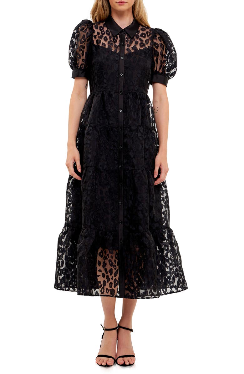 English Factory Leopard Burnout Jacquard Button-Up Dress, Alternate, color,