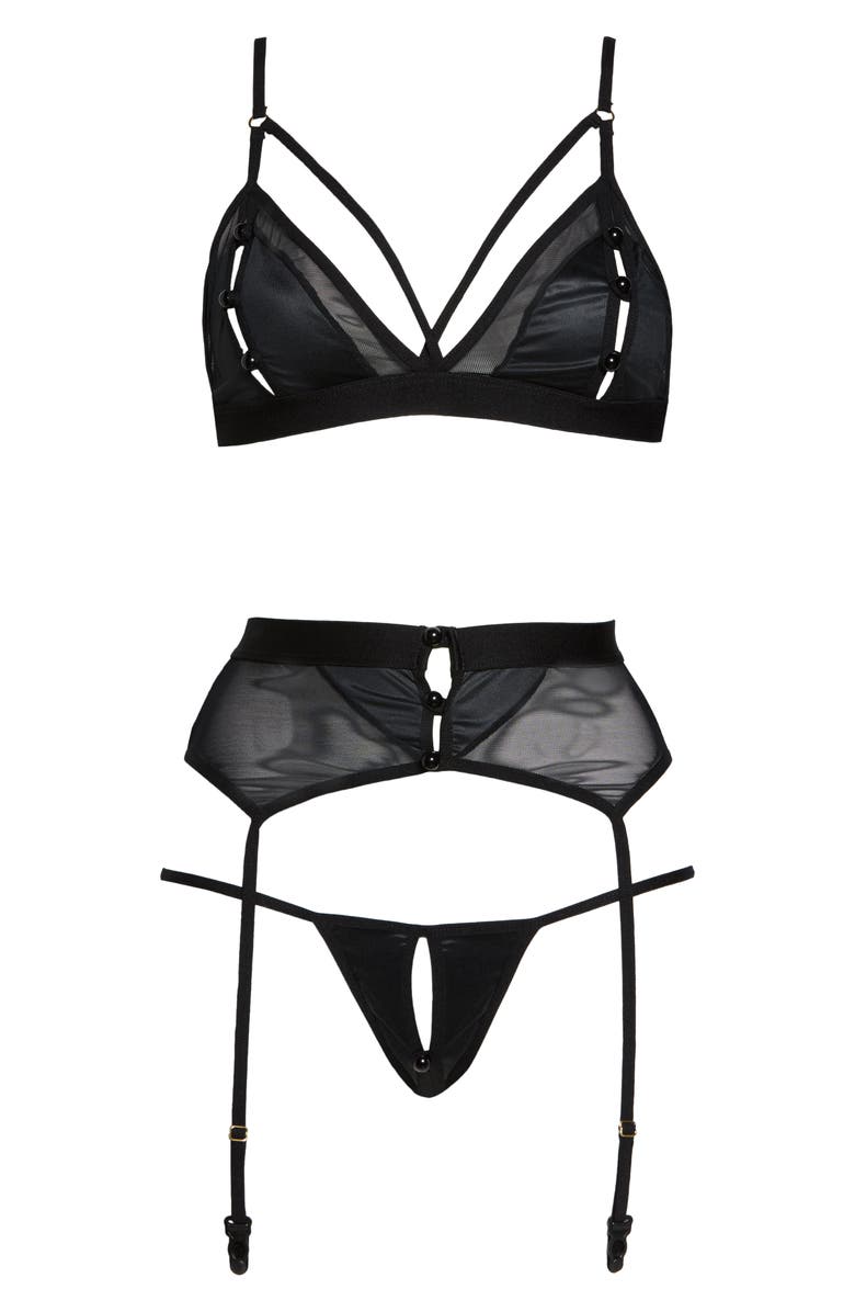 Mapale Mesh Trim Faux Leather Bra, Thong & Garter Belt Set, Alternate, color, 