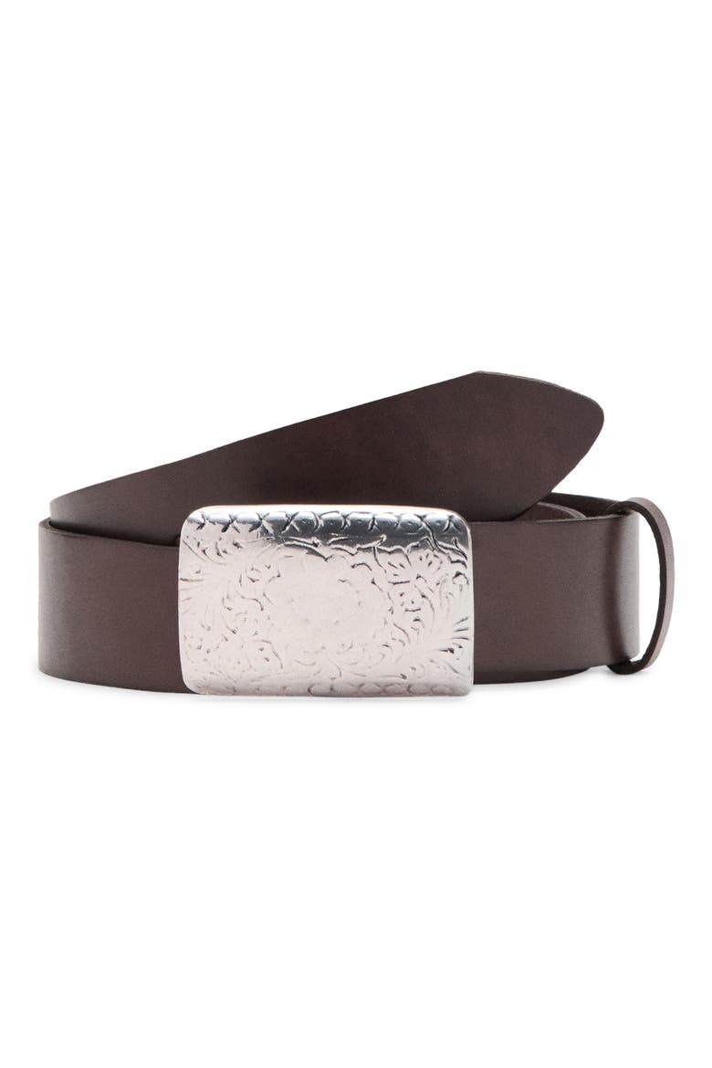 Engraved Buckle Leather Belt, Main, color, CHOCOLATE
