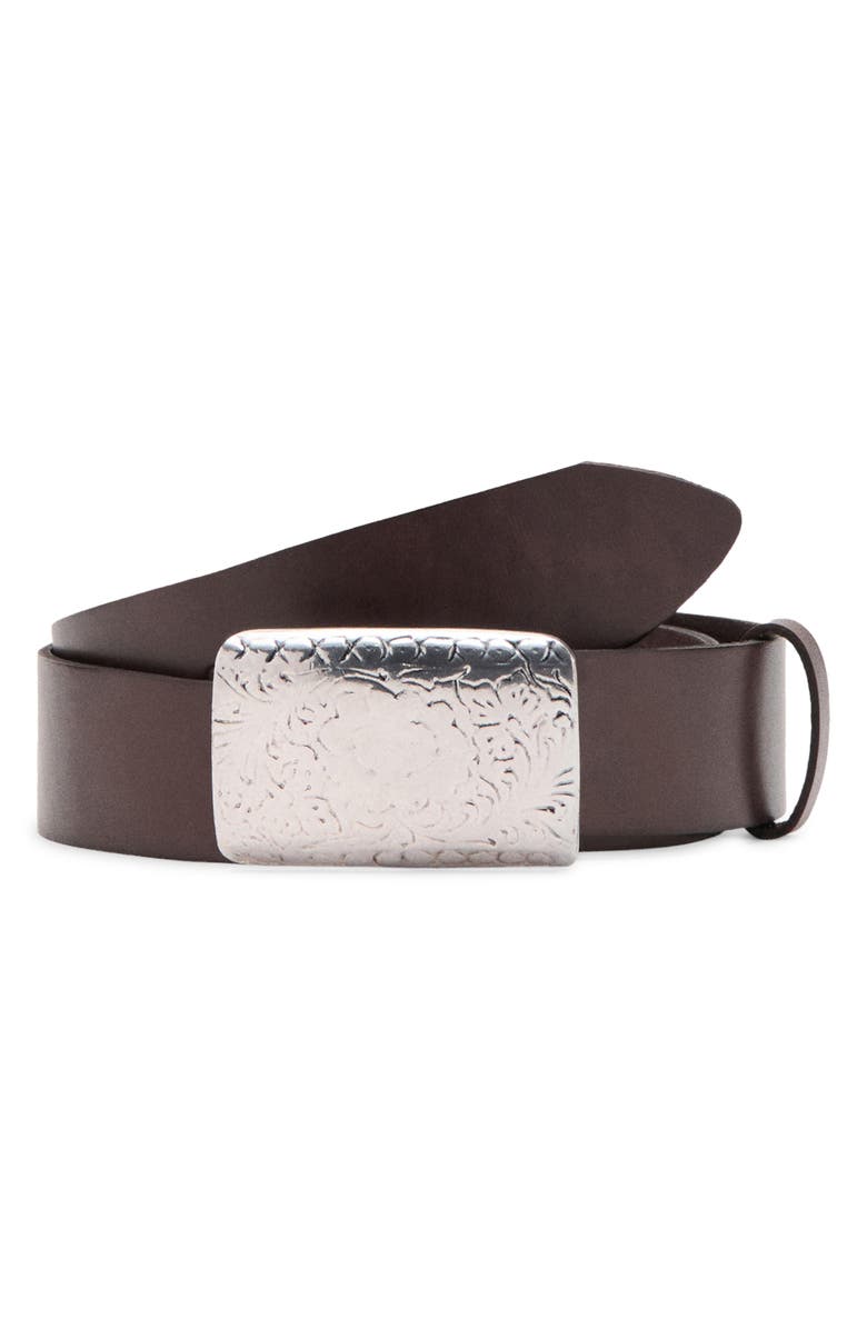 MANGO Engraved Buckle Leather Belt, Main, color, Chocolate