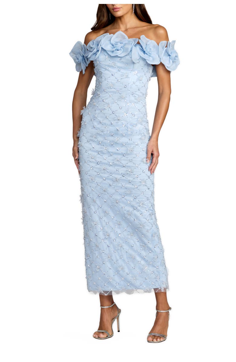 Mac Duggal Off The Shoulder Embellished Dress With 3D Flower Detail, Main, color, Powder Blue