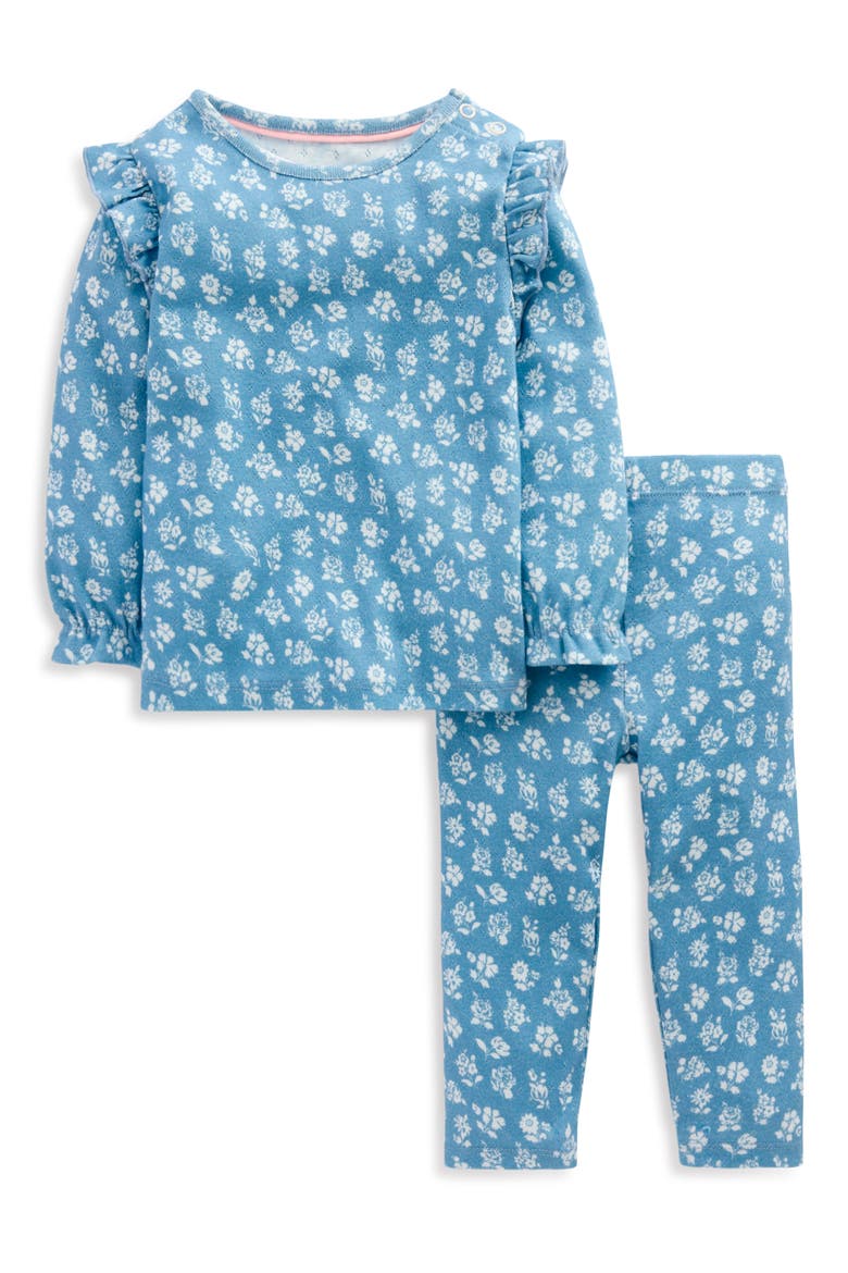 Printed Ruffle Cotton Pointelle Top & Pants Set, Main, color, BLUE FLORAL