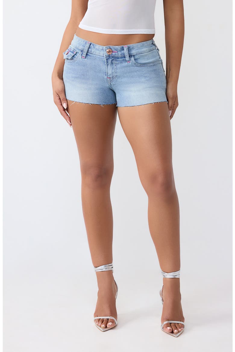 Joey Low Rise Flap Shorts, Main, color, LIGHT BLUE SUEDE WASH