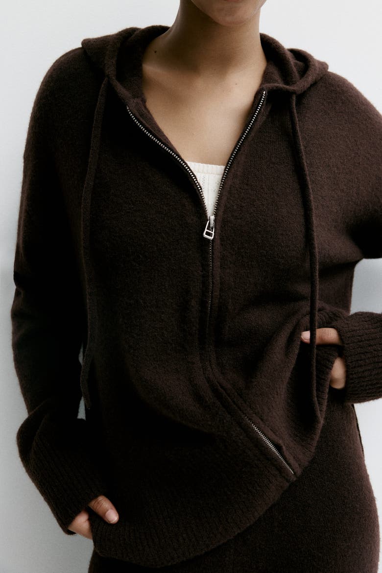 Knitted Zip-through Hoodie, Alternate, color, Dark brown