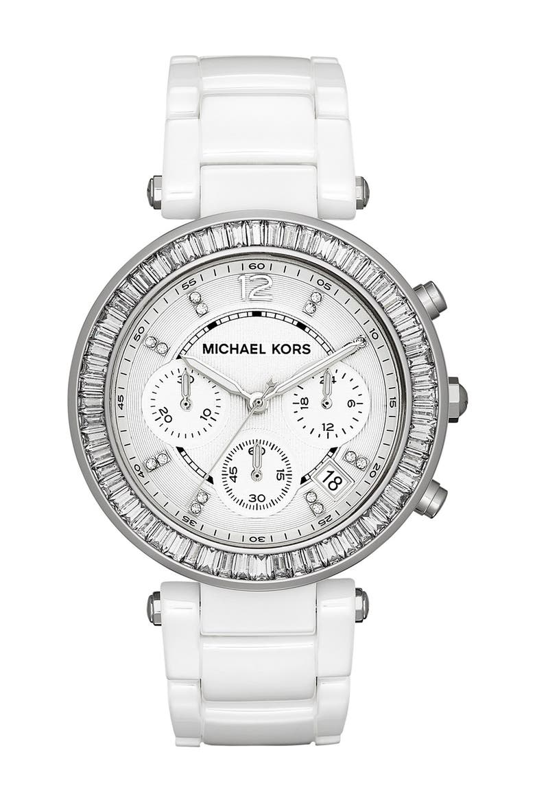 Michael Kors 'Parker' Crystal Bezel Ceramic Watch, 39mm, Main, color, WHITE