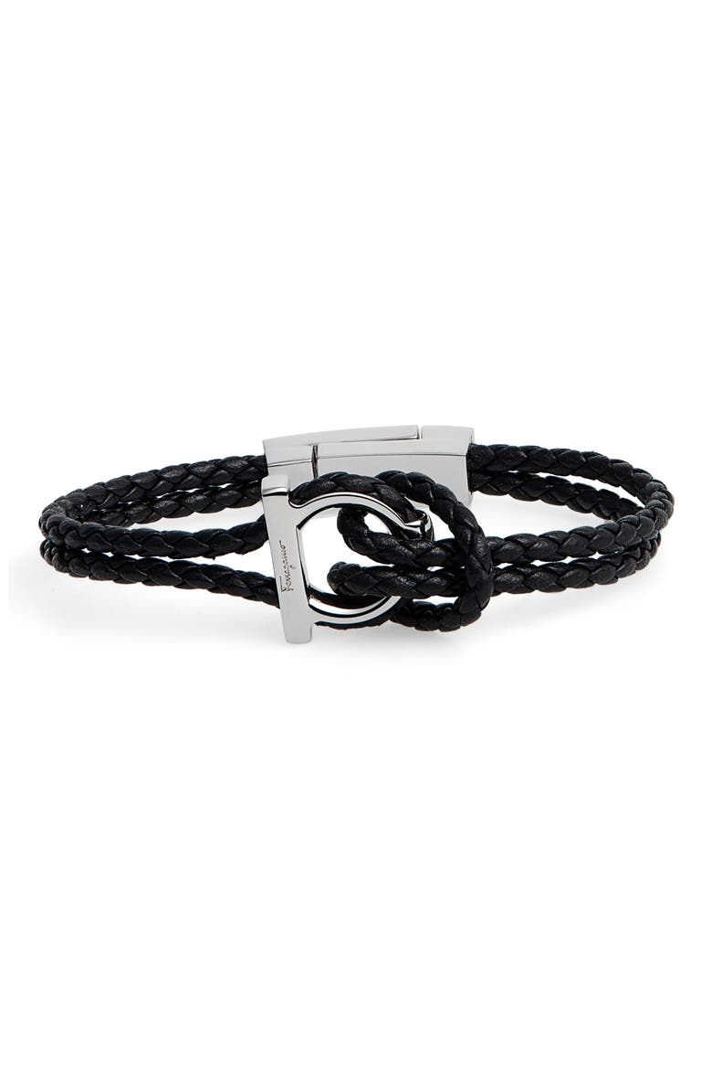 Salvatore Ferragamo Braided Leather Bracelet, Main, color, 001 - BLACK
