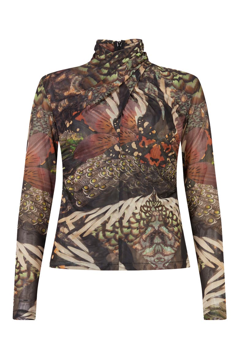 Tia Gene Print Mesh Turtleneck, Alternate, color, JEWEL GREEN