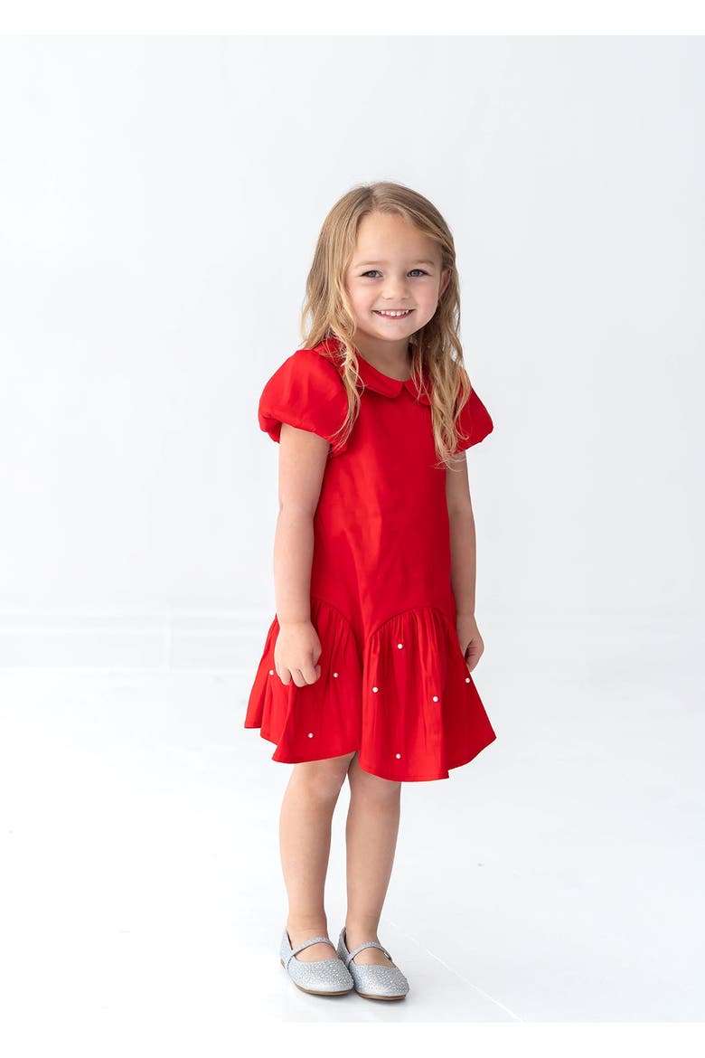 Crimson Glow Short Sleeve Peter Pan Collar Pearl Embellished Dropwaist Dress, Main, color, Red