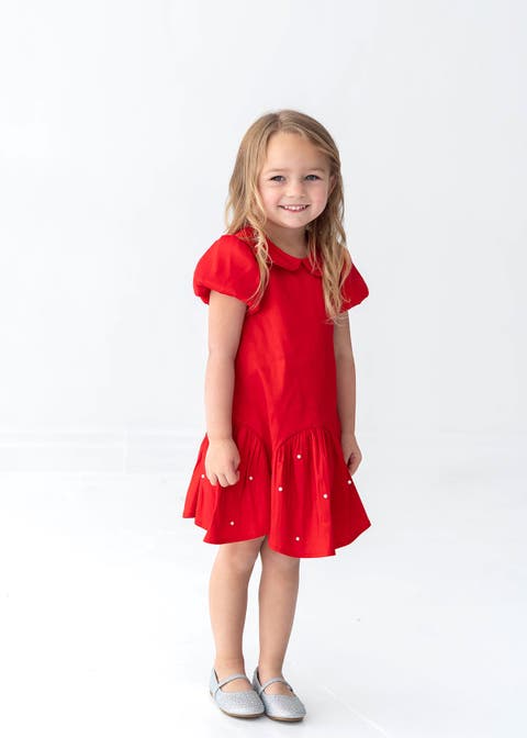 Crimson Glow Short Sleeve Peter Pan Collar Pearl Embellished Dropwaist Dress